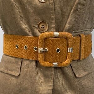 French Connection Brown Suede Belt Wide Textured Buckle Size M